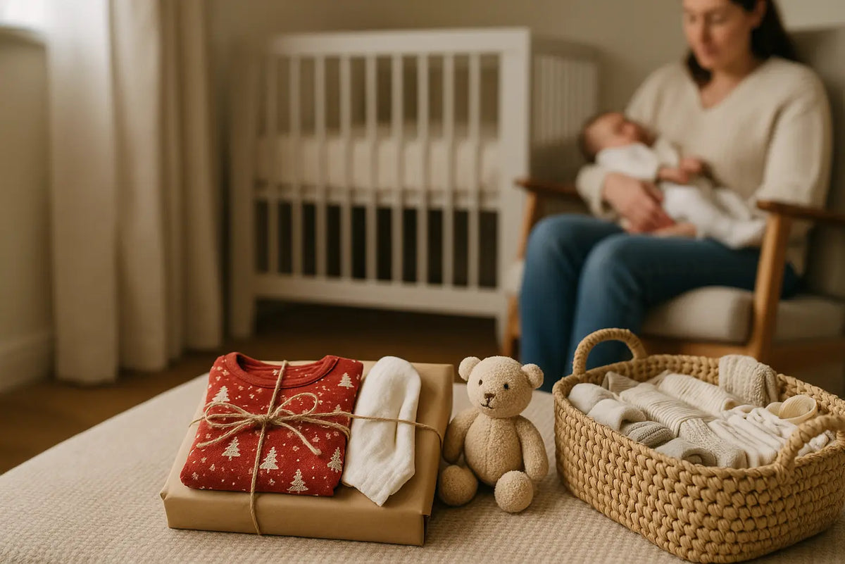 Festive newborn gifts arranged in a modern nursery, including a baby sleepsuit, muslin, teddy toy and crochet nappy caddy.