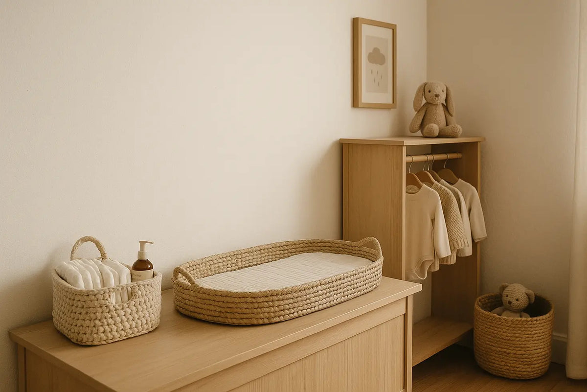 A compact nursery with a changing basket, nappy caddy and neatly organised baby essentials.