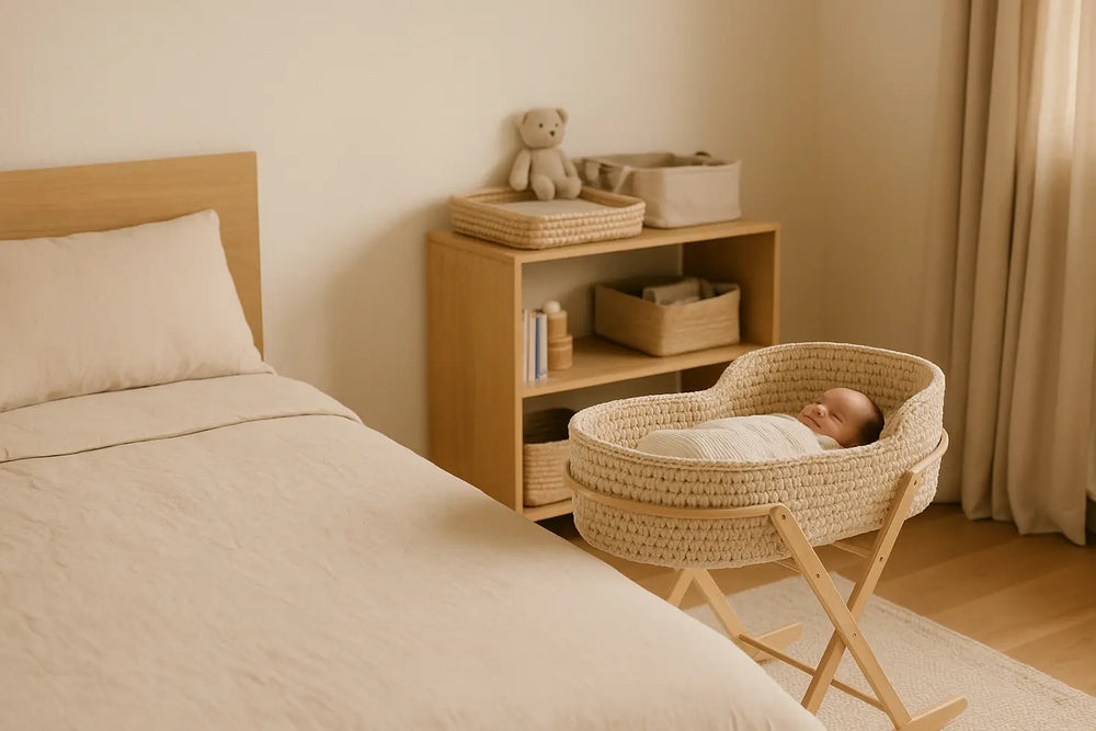 A crochet Moses basket beside a bed in a calm, organised newborn room.
