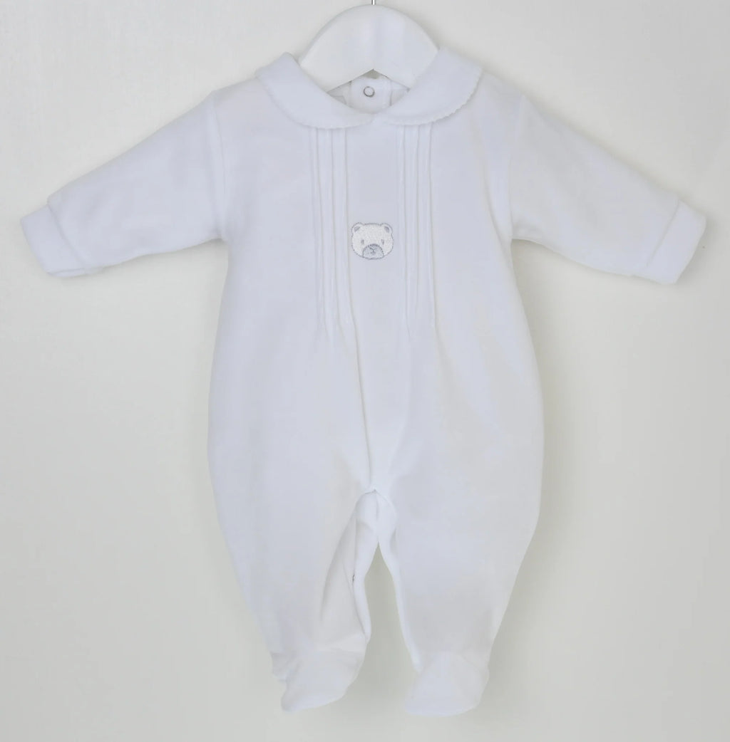 Pex Bear Sleepsuit White - Soft Cotton Velour Baby Sleepsuit