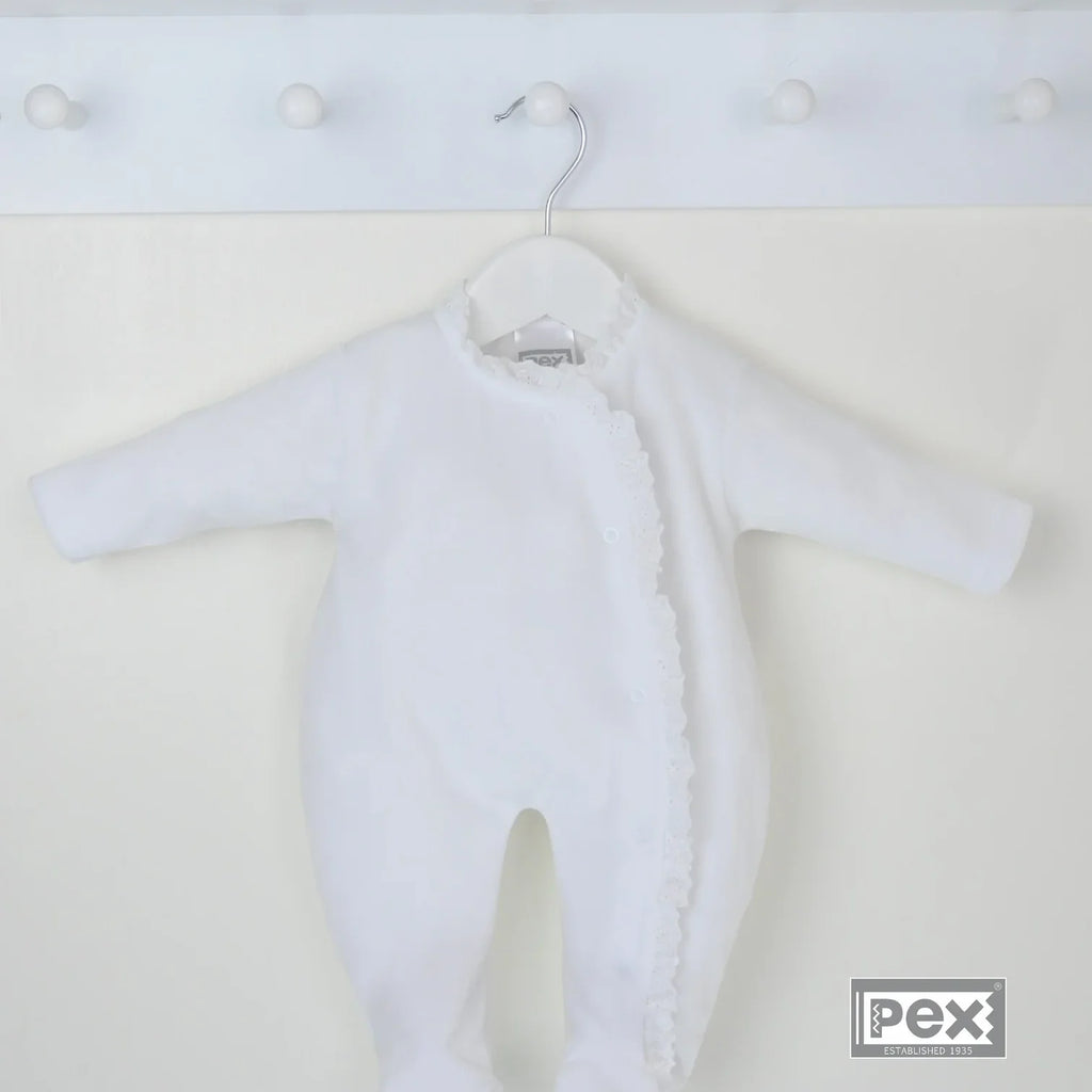Pex Lace Edged Sleepsuit White