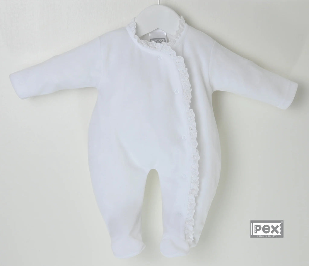 Pex Lace Edged Sleepsuit White