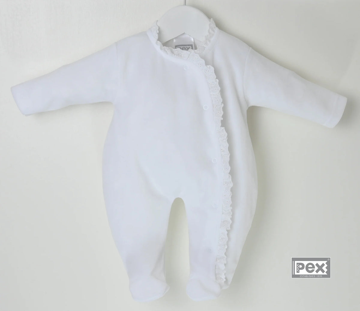 Pex Lace Edged Sleepsuit White