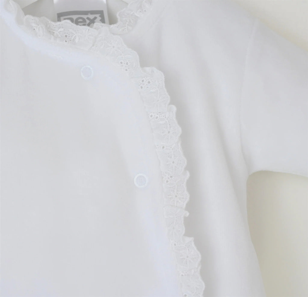 Pex Lace Edged Sleepsuit White