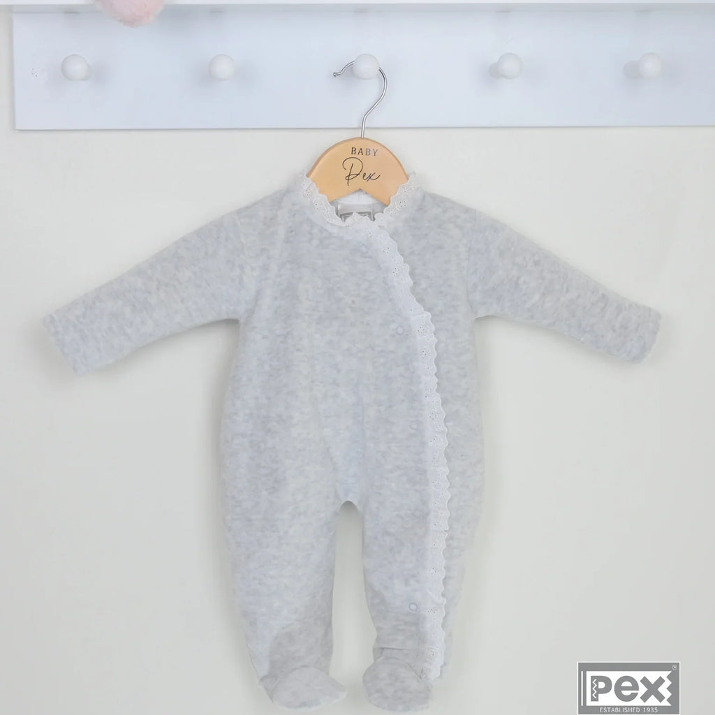 Pex Grey Lace Baby Sleepsuit - Soft Velour | Luna and Loop