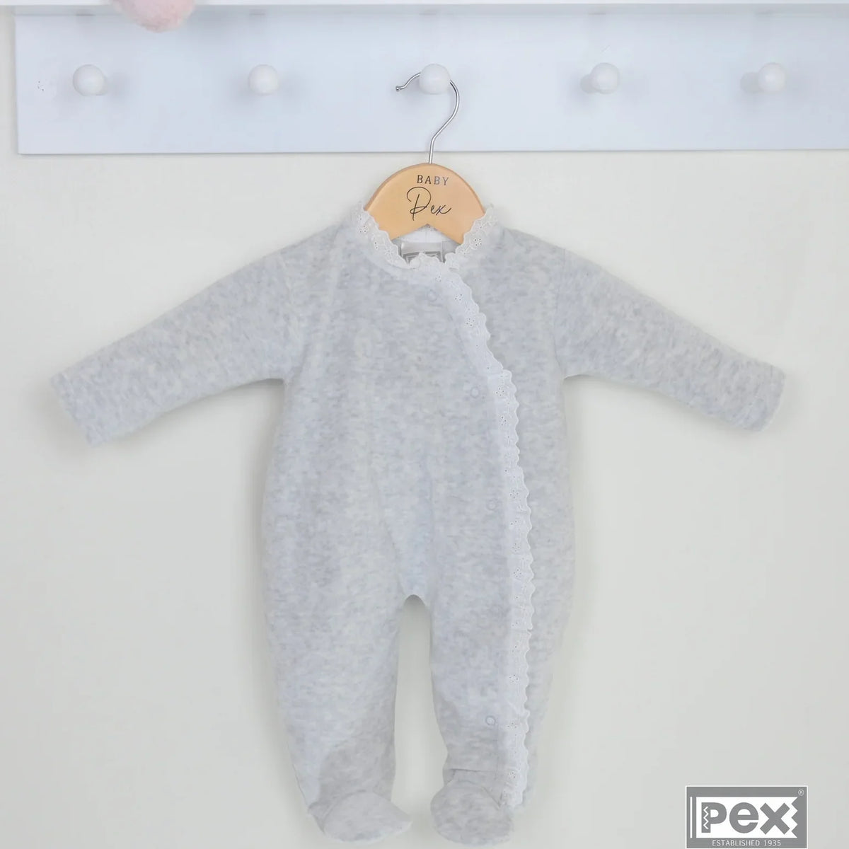 Pex Grey Lace Baby Sleepsuit - Soft Velour | Luna and Loop