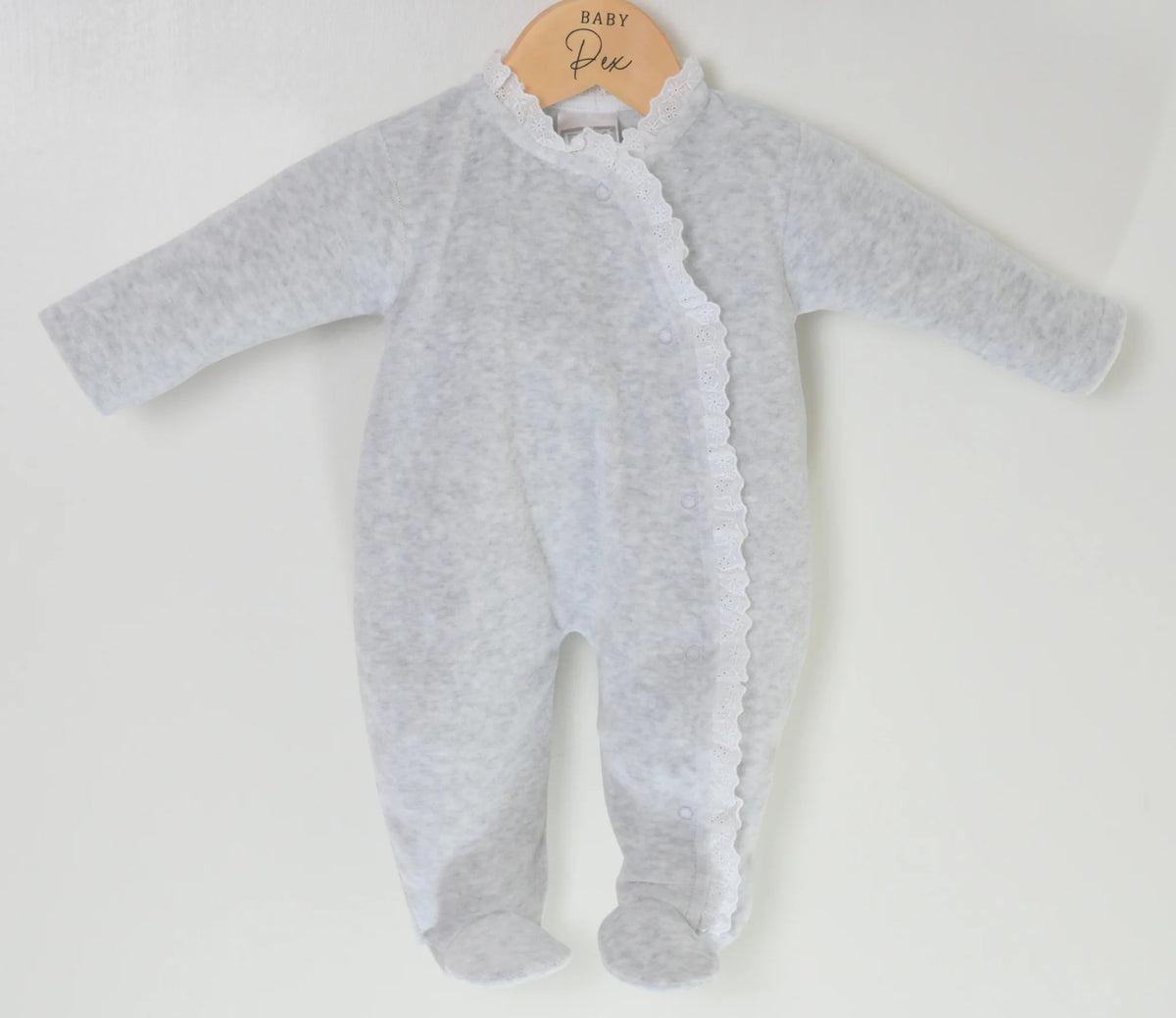 Pex Grey Lace Baby Sleepsuit - Soft Velour | Luna and Loop