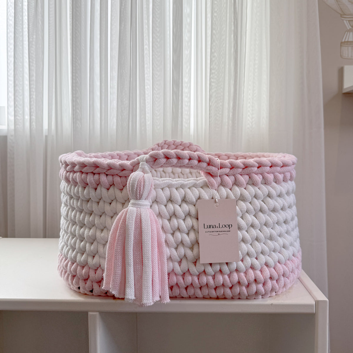Crochet Nappy Caddy - White & Bloom Rose