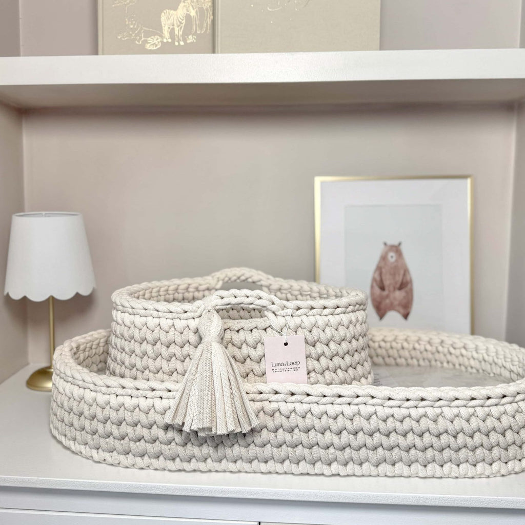 Crochet Baby Changing Basket Bundle in Beige & Vanilla