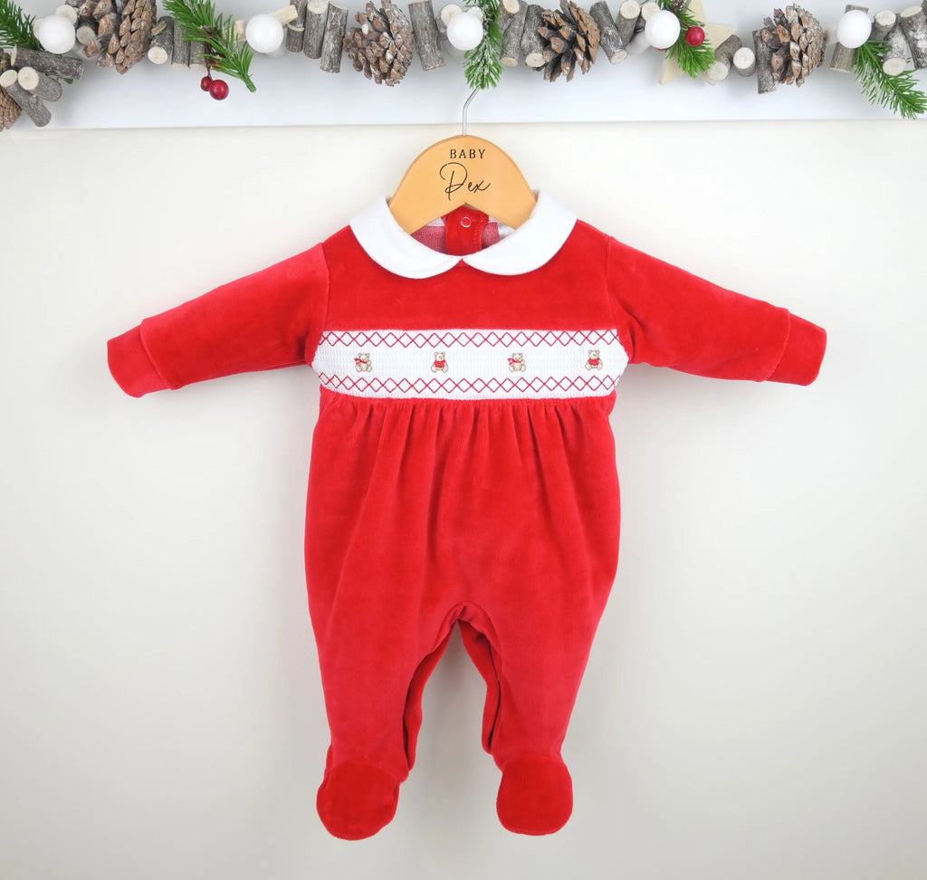 Pex Teddy Smocked Christmas Sleepsuit Red
