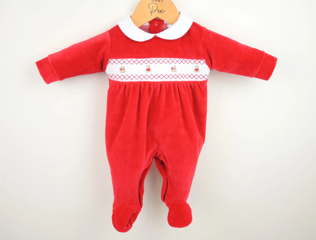 Pex Teddy Smocked Christmas Sleepsuit Red